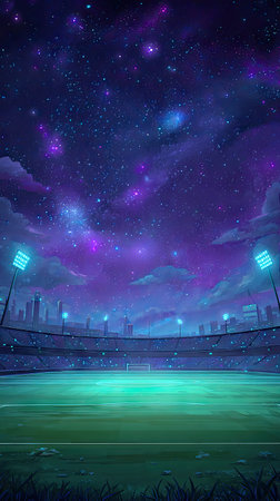 A stadium is shown beneath a beautifully colored night sky filled with stars and clouds. The image features vibrant blues, purples, and greens, with illuminated stadium lights. The style suggests a digital painting. This scene could be used for various commercial or editorial purposes, such as promoting events or representing concepts.の素材