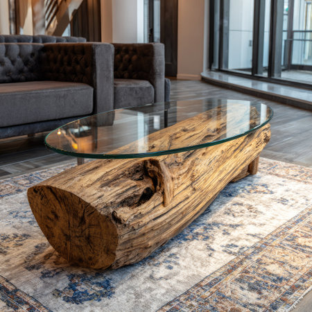 An artistic coffee table features a clear glass top resting on a textured wooden base. The natural wood base displays intricate grain patterns and organic shapes. This indoor composition showcases a modern style with neutral tones. Potential uses include home decor, interior design, and lifestyle projects.の素材