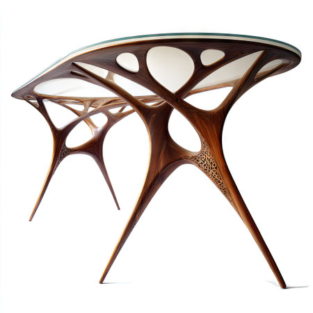 An innovative table showcases a distinctive design, featuring a wooden frame with carved patterns. The translucent top allows a view of the supporting structure. The composition is illuminated with a natural light creating shadows. Suitable for various design projects, this table offers visual interest.の素材