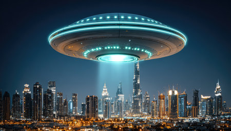 A futuristic scene depicts a flying saucer suspended above a sprawling cityscape. The image features a dark, nighttime environment with a brilliantly lit spacecraft. The overall composition highlights a blend of fantasy and urban settings. This visual could be used for science fiction illustrations, website backgrounds, and similar commercial projects.の素材