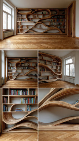 A uniquely designed wooden bookshelf dominates the interior space, featuring organic flowing shapes. The room has parquet flooring and receives natural light from windows. This image is suitable for use in architecture, interior design, or conceptual projects.の素材