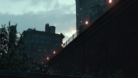 An urban scene captures the architecture of buildings at dusk. The image displays silhouettes and shadows against a twilight sky. The warm glow of lights contrasts with the cool tones. This scene could be used in a range of commercial projects and is suitable for editorial purposes.の素材