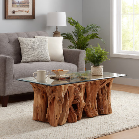 A distinctive coffee table, crafted from natural wood and topped with glass, anchors the living room. The table's textured, organic base complements the modern design. The composition features natural light, casting shadows and highlighting the textures. This image would suit lifestyle blogs and home decor publications.の素材