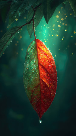 A single leaf, split between green and red hues, is the central focus. Water droplets cling to its surface. The composition features a dark background and selective lighting, creating a dramatic effect. Ideal for artistic, decorative, and symbolic applications.の素材