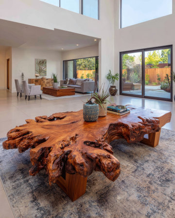 An expansive living room features a striking wooden table with intricate textures. The natural wood tones contrast with the bright, open space. Sunlight floods through large windows, illuminating the modern decor. This interior setting suggests potential uses for lifestyle, design, or architectural projects.の素材