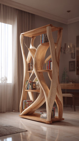This image showcases a distinctive wooden bookshelf featuring an organic design. The warm-toned wood contrasts with the soft light filtering through a window. The composition includes books and decor, suggesting a living space. Suitable for various commercial applications, it offers a clean aesthetic.の素材