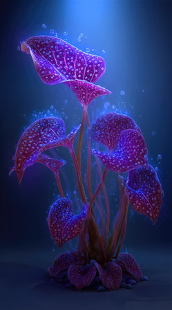 An image showcases a digitally rendered fantasy plant with large, spotted leaves and delicate stems. The plant features a vibrant color palette of purple and red against a deep blue background. The composition has a soft focus, with visible light particles. This image could be used for illustration, concept art, or creative projects.の素材