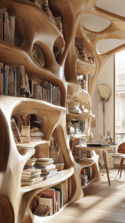 An eye-catching, organically-shaped wooden bookshelf is the focal point, filled with books of varying sizes and colors. The warm tones of the wood create a cozy atmosphere, complemented by soft lighting. This interior scene evokes a sense of design and comfort, with potential uses in architecture, lifestyle or educational projects.の素材