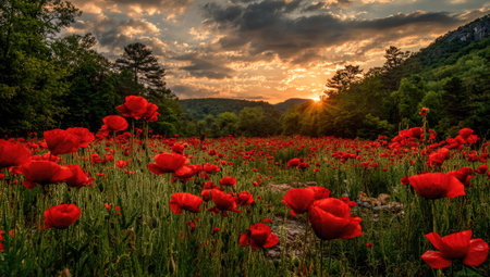 A field of red poppies flourishes under a sky painted with sunset hues. The composition showcases the flowers in the foreground and the surrounding green trees. This photograph uses natural lighting and might be used for various commercial purposes, including websites and print materials.の素材