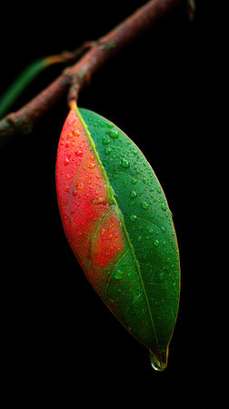 A single leaf, displaying a gradient of green and red hues, is captured in a close-up shot. Tiny water droplets cover its surface, reflecting light. The leaf hangs from a thin branch against a deep black backdrop. The image may be used for various projects, including illustrations and designs.の素材