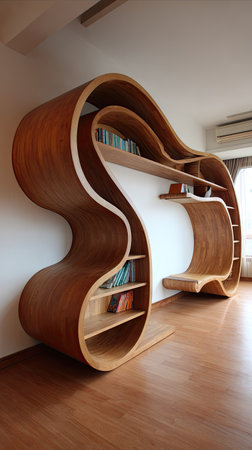 A distinctive wooden bookshelf dominates the interior space. The organically shaped structure features smooth curves and warm wood tones. The shelving is likely within a domestic setting, possibly near a window. The style suggests contemporary design and could be used in home decor, architectural, or interior design projects.の素材