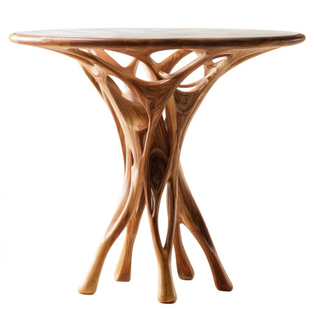 An artistic wooden table showcases an organic design, featuring intertwined support structures that rise to meet the circular tabletop. The warm brown tones and smooth textures suggest crafted woodwork against a clean white backdrop. This piece is suitable for various commercial applications including interior design and product displays.の素材