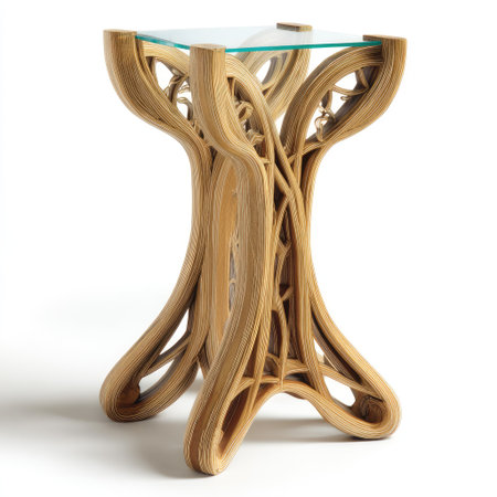 A modern wooden table, featuring a glass top and an organically shaped base, is set against a white backdrop. The table's design showcases natural wood grain and intricate curves. It can be used in various editorial and commercial applications, such as advertising, product displays, and interior design projects.の素材
