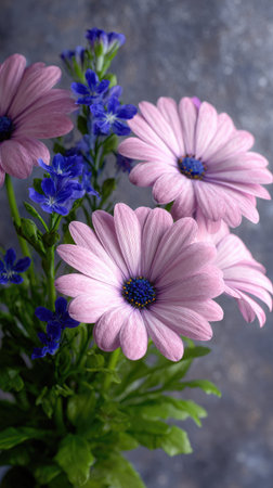 A close-up showcases a bouquet of pink daisy-like flowers with dark blue centers, complemented by smaller blue flowers. The arrangement has green stems and leaves, set against a blurred, textured background. The image features a soft, natural light, suitable for editorial or commercial applications.の素材