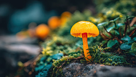 A vivid yellow mushroom stands out against a backdrop of rich green moss and foliage. The close-up shot highlights the mushroom's texture and color, enhanced by soft lighting. The composition evokes a natural environment. Suitable for commercial projects such as illustrations, nature-themed designs, or educational resources.の素材