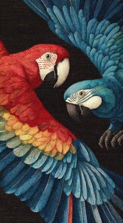 Two macaws are depicted, showcasing vivid red and blue plumage. The image uses a close-up composition, focusing on the birds' heads and wings. The textured style, combined with a dark background, emphasizes the bright colors. Ideal for use in designs related to nature, animals, or wildlife conservation efforts.の素材