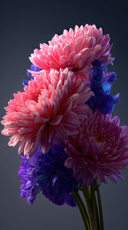 This image features a close-up of a colorful flower bouquet. The arrangement is composed of lush pink and purple blossoms, exhibiting intricate petal textures. The lighting appears soft, casting subtle shadows against a dark, smooth background. Suitable for various design applications, this image may be used for decorative purposes or commercial projects.の素材