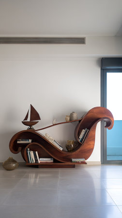 A unique wooden shelving unit featuring a stylized wave design, holding books and decorative objects. A small sailboat model sits atop the unit. The composition displays a modern aesthetic. Natural light streams from the nearby window, illuminating the wooden textures. Ideal for interior design and conceptual projects.の素材
