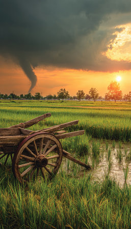 A wooden cart sits in a vibrant green field under a dramatic sky. The image features a warm sunset, highlighting the cart's textures and the field's lushness. The composition uses natural lighting, suggesting outdoor activity. It is suitable for various editorial and commercial purposes.の素材