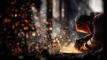 A worker in protective gear is shown welding, creating a display of sparks. The scene is primarily dark, with the bright glow of the weld illuminating the area. The composition emphasizes the action and intensity of the process, with potential uses in illustrating industry, technology, and labor.の素材