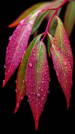 Close-up captures water-covered leaves displaying vivid red and green hues. The composition features a clear, detailed macro shot against a dark, contrasted backdrop. This visual could be used for various commercial projects, including botanical or nature-themed editorials and advertisements.の素材
