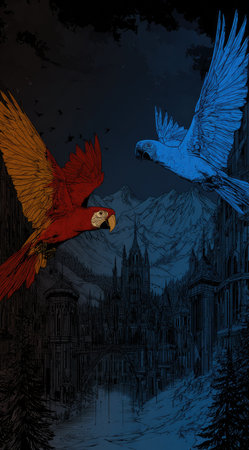 Two parrots, one red and one blue, are captured mid-flight against a backdrop of a stylized mountain range and castle silhouette. The illustration style features a dramatic interplay of light and shadow. The image could be used for various commercial purposes such as advertising or editorial content.の素材