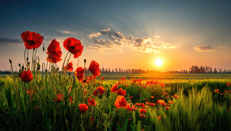 A field of red poppies stands in sharp focus against the setting sun. The image showcases vibrant colors, from the warm golden light to the green fields and blue sky with white clouds. The composition highlights the contrast between the wildflowers and the expansive landscape, useful for nature-related articles or designs.の素材