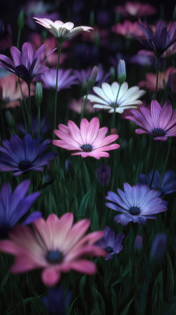 A field of diverse flowers is captured in a vertical composition with soft focus. The image features a range of purples, pinks and white. The flowers are set against a dark green background, suggesting an outdoor setting. Suitable for decorative or illustrative purposes.の素材