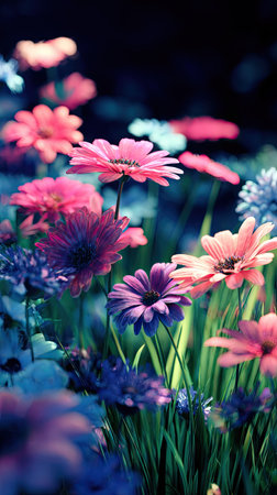A collection of daisy-like flowers are presented with a diverse color palette of pinks, purples, and blues. The composition features a shallow depth of field, with soft focus on the foreground blossoms. This image, captured in natural sunlight, is suitable for a range of commercial projects.の素材