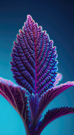 A close-up image features a textured, purple leaf with intricate veining, set against a gradient blue background. The leaf displays a spectrum of colors and highlights the patterns of nature. This image could be used for editorial content, design projects, and various commercial applications.の素材