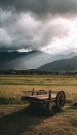 A rustic wooden cart sits in a vast field, contrasted against a backdrop of distant mountains and a dramatic, cloudy sky. The composition showcases natural tones of green and brown, with rays of sunlight breaking through the clouds. This image is suitable for various commercial and editorial applications.の素材