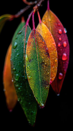 A close-up view displays colorful leaves with water droplets suspended on their surfaces. The leaves transition from green to orange and red, exhibiting a range of textures. The composition is set against a dark backdrop, highlighting the bright colors, suitable for various editorial and design purposes.の素材