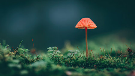 An orange mushroom stands prominently amidst green vegetation on a forest floor. The image showcases a shallow depth of field, blurring the background. The lighting suggests daytime with possible applications in ecological or educational contexts.の素材