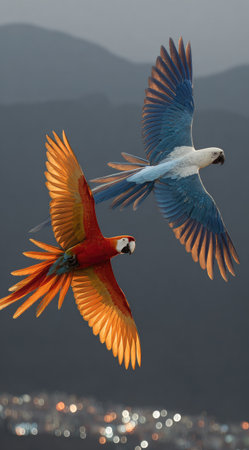 Two colorful parrots are captured mid-flight against a softly blurred background. One bird displays red and orange plumage, the other blue and white. The image showcases a dynamic composition with feathers spread wide. This image could be used for a variety of commercial or editorial projects emphasizing nature and wildlife.の素材