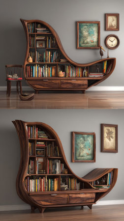 The image showcases an innovative wooden bookshelf, shaped with curves and filled with books. The warm tones of the wood contrast with the surrounding wall. Various framed artworks and a clock adorn the wall, suggesting a cozy, interior space. This versatile composition is suitable for multiple commercial and editorial applications.の素材