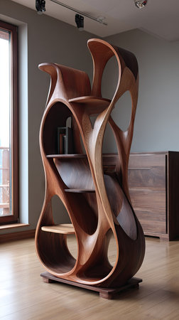 This image showcases an intricately designed wooden bookshelf. The piece features curved, flowing lines and open spaces, exhibiting a modern style. The warm tones of the wood provide a natural aesthetic. The scene likely takes place indoors, with the bookshelf suitable for various editorial and commercial purposes.の素材