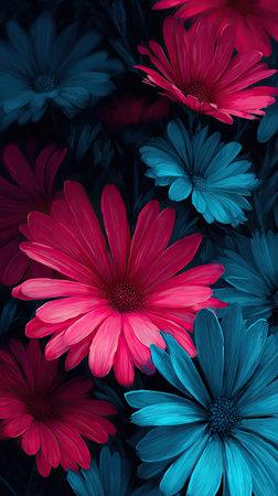The image features a cluster of colorful flowers, primarily in shades of magenta and teal. The composition highlights the intricate details of the petals against a dark background. The lighting creates a dramatic effect, and the overall style is modern and artistic. Suitable for various commercial and editorial applications.の素材