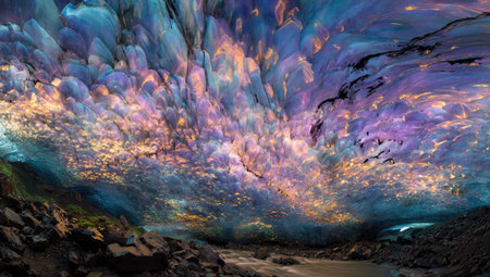 This image showcases a breathtaking interior of an ice cave. The scene is dominated by a vivid interplay of light and color, with hues of blue, purple, and gold. The textures create an abstract, dynamic composition. Suitable for use in designs related to nature, adventure, or environmental themes.の素材
