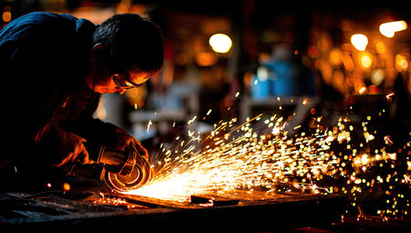 An individual operates a grinder, creating bright sparks in a dimly lit environment. The image captures the moment of metalworking, with light illuminating the scene. This picture may be suitable for industrial or manufacturing projects, offering a visual of fabrication activities.の素材
