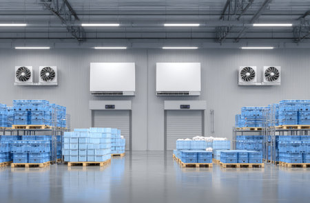 The image showcases the interior of a spacious warehouse, filled with neatly stacked pallets of goods. Air conditioning units are mounted on the walls. The scene features a modern style with muted colors and even lighting. This image could be used to illustrate concepts related to distribution, storage, or logistics.の素材