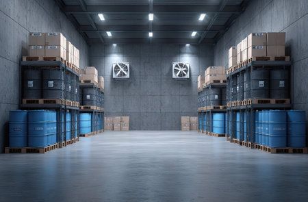 An interior warehouse scene showcases stacked goods on pallets and rows of containers. The image features a neutral color palette of blues, browns, and grays, and a symmetrical composition. Overhead lighting and clean lines imply a structured environment, suitable for commercial and industrial applications, such as supply chains.の素材