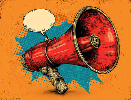 This illustration features a classic red megaphone with a speech bubble, set against a vibrant orange backdrop. The image showcases a comic book style, detailed lines, and a dynamic composition. It could be used for various communication or announcement-related projects, offering a visually engaging element for both commercial and editorial needs.の素材