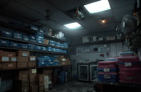 An interior view presents a warehouse filled with shelves and boxes of varying sizes. The lighting comes from overhead fixtures, illuminating the space. The composition suggests a storage area, possibly for supplies. This image can be used for various commercial projects and stock photography.の素材