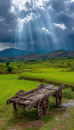 A weathered wooden cart rests in a vibrant green field, bathed in the glow of sunbeams breaking through a cloudy sky. The image displays a natural landscape with textures of wood, grass, and distant mountains. This scene could be used for illustrations, editorial content, or thematic projects related to agriculture and nature.の素材