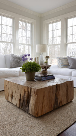 The image showcases a square wooden coffee table as the focal point of a living room. The table is surrounded by white sofas and large windows, creating a bright and airy atmosphere. The scene features natural textures and neutral colors, with sunlight illuminating the space. This image could be suitable for interior design or lifestyle publications.の素材