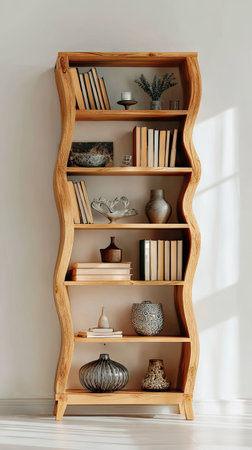 A wooden bookshelf stands against a plain wall, filled with various books and decorative items. The light-colored wood complements the white background, creating a clean and inviting ambiance. This image could be used for editorial purposes, showcasing interior design or a curated collection.の素材