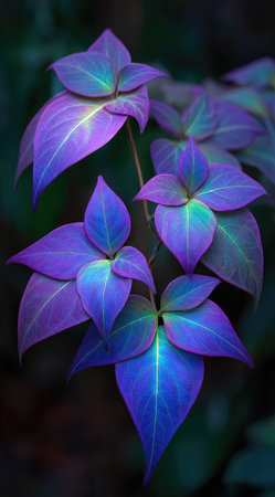 This image showcases a close-up view of leaves in shades of purple and blue. The leaves are in sharp focus, revealing intricate details, with a dark background that accentuates the vibrant colors. This style may be used in various commercial applications.の素材