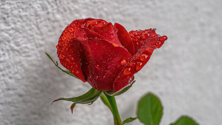 A close-up showcases a vivid red rose adorned with water droplets, set against a subtly textured white backdrop. The composition emphasizes the flower's delicate petals and stem, highlighting its natural elegance. Suitable for diverse commercial projects, the image can be used to represent beauty, nature, or romance.の素材