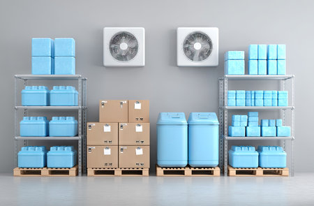 An indoor scene showcases a warehouse interior. Various boxes, containers and stacked objects in shades of blue and brown are placed on shelves and pallets. The setup suggests a climate-controlled environment, with an air conditioning unit on the wall. The image could be used for commercial or industrial purposes.の素材
