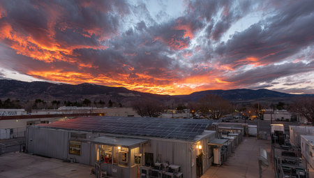 A colorful sunset paints the sky with fiery orange and deep blue hues, casting a glow over an industrial complex. The composition features an elevated view with a building and solar panels as foreground elements. This image showcases dramatic lighting and is suitable for a variety of uses.の素材